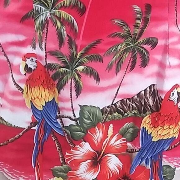 Tropical Print Red Spaghetti Strap Dress With Palm Trees & Parrots Size XL - Picture 5 of 9